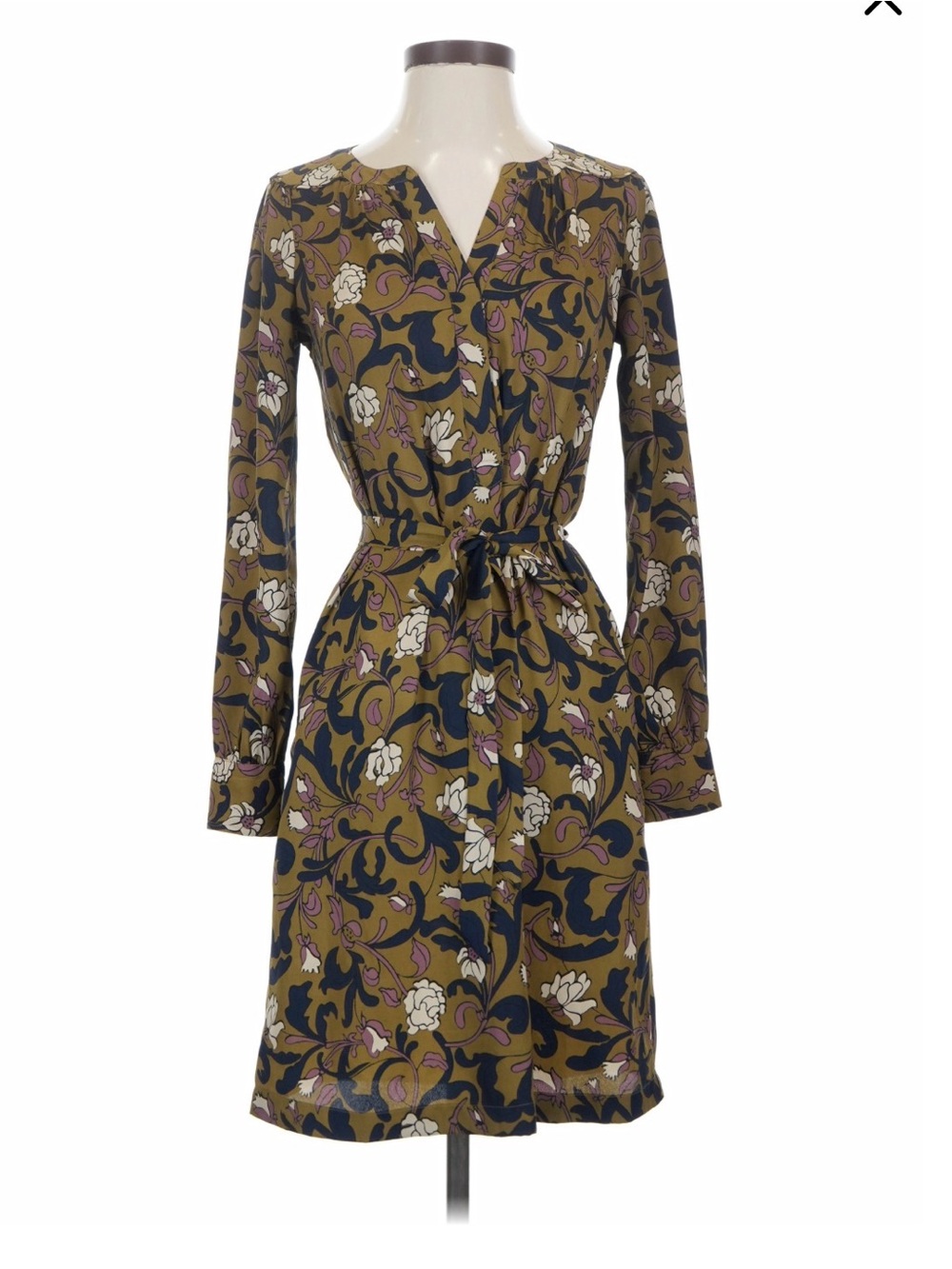 LOFT XS Extra Small Olive Floral Long-Sleeve Tie-Waist Shirt Dress cottagecore